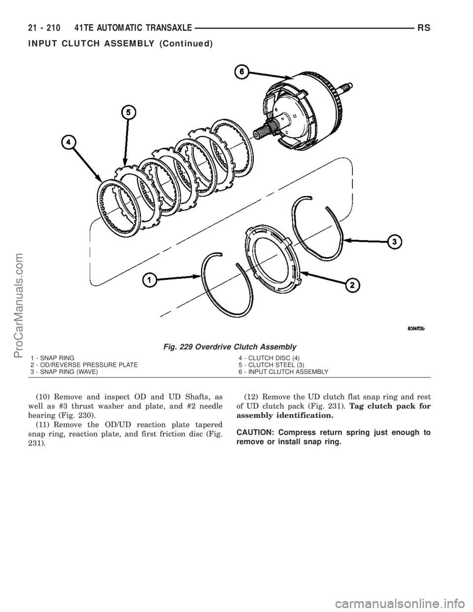 CHRYSLER VOYAGER 2003  Service Manual (10) Remove and inspect OD and UD Shafts, as
well as #3 thrust washer and plate, and #2 needle
bearing (Fig. 230).
(11) Remove the OD/UD reaction plate tapered
snap ring, reaction plate, and first fri