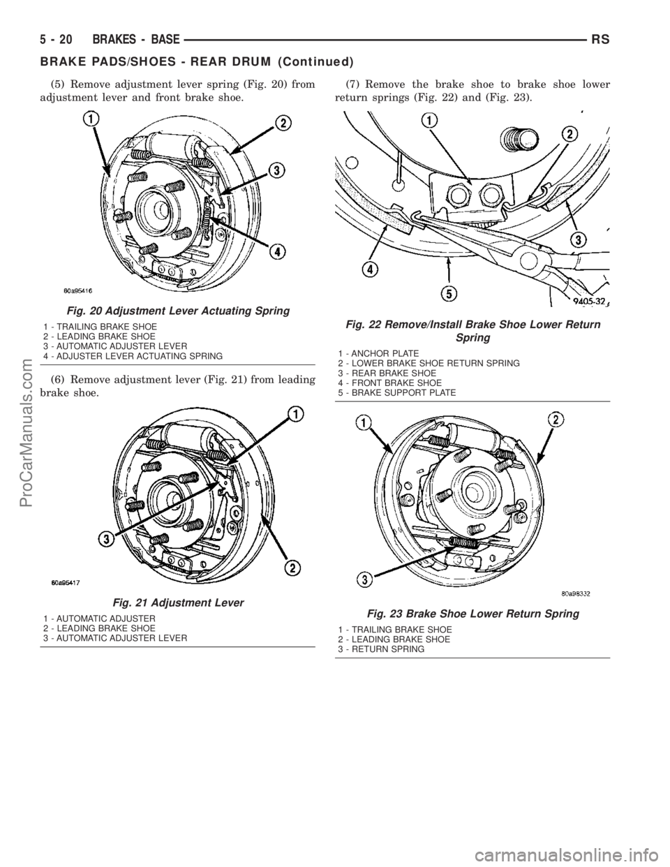 CHRYSLER VOYAGER 2003  Service Manual (5) Remove adjustment lever spring (Fig. 20) from
adjustment lever and front brake shoe.
(6) Remove adjustment lever (Fig. 21) from leading
brake shoe.(7) Remove the brake shoe to brake shoe lower
ret
