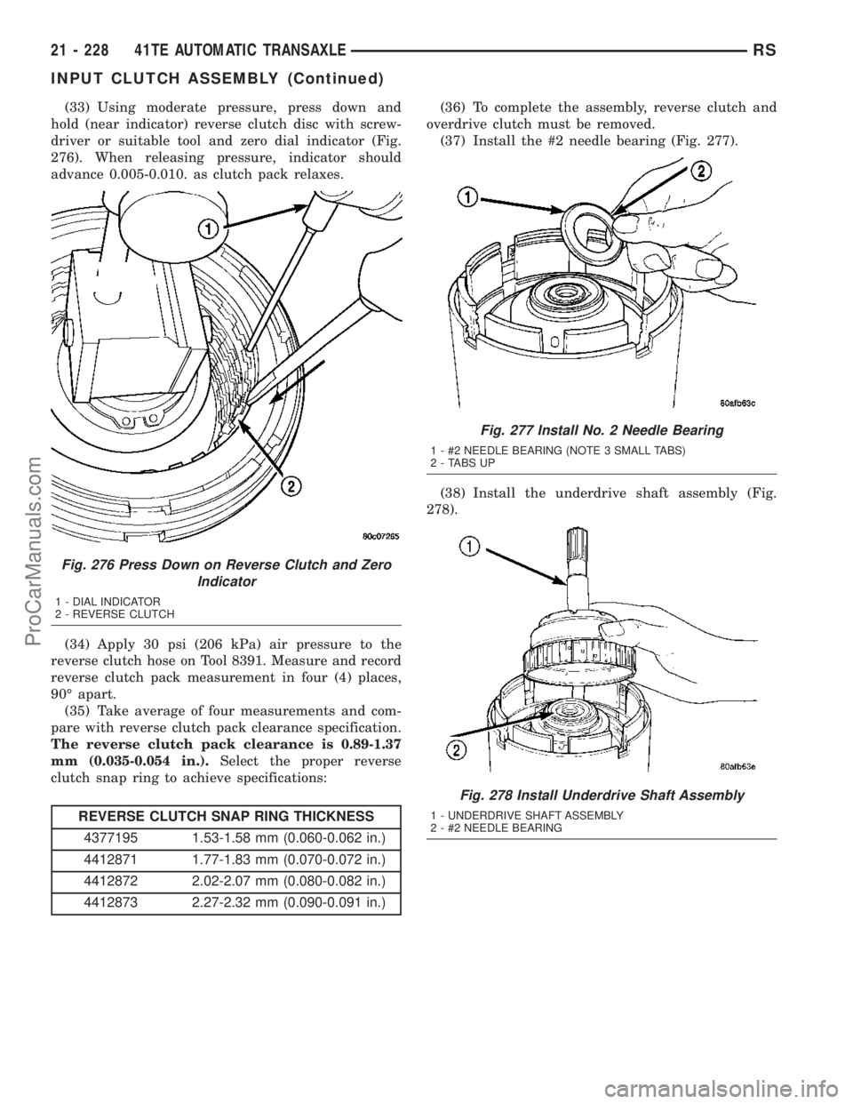 CHRYSLER VOYAGER 2003 Service Manual (33) Using moderate pressure, press down and
hold (near indicator) reverse clutch disc with screw-
driver or suitable tool and zero dial indicator (Fig.
276). When releasing pressure, indicator should CHRYSLER VOYAGER 2003 Service Manual (33) Using moderate pressure, press down and
hold (near indicator) reverse clutch disc with screw-
driver or suitable tool and zero dial indicator (Fig.
276). When releasing pressure, indicator should