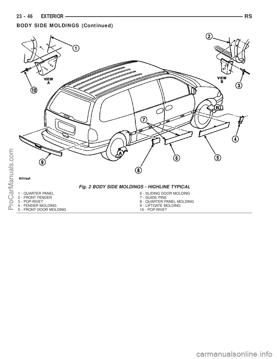 CHRYSLER VOYAGER 2003  Service Manual Fig. 2 BODY SIDE MOLDINGS - HIGHLINE TYPICAL
1 - QUARTER PANEL
2 - FRONT FENDER
3 - POP-RIVET
4 - FENDER MOLDING
5 - FRONT DOOR MOLDING6 - SLIDING DOOR MOLDING
7 - GUIDE PINS
8 - QUARTER PANEL MOLDING