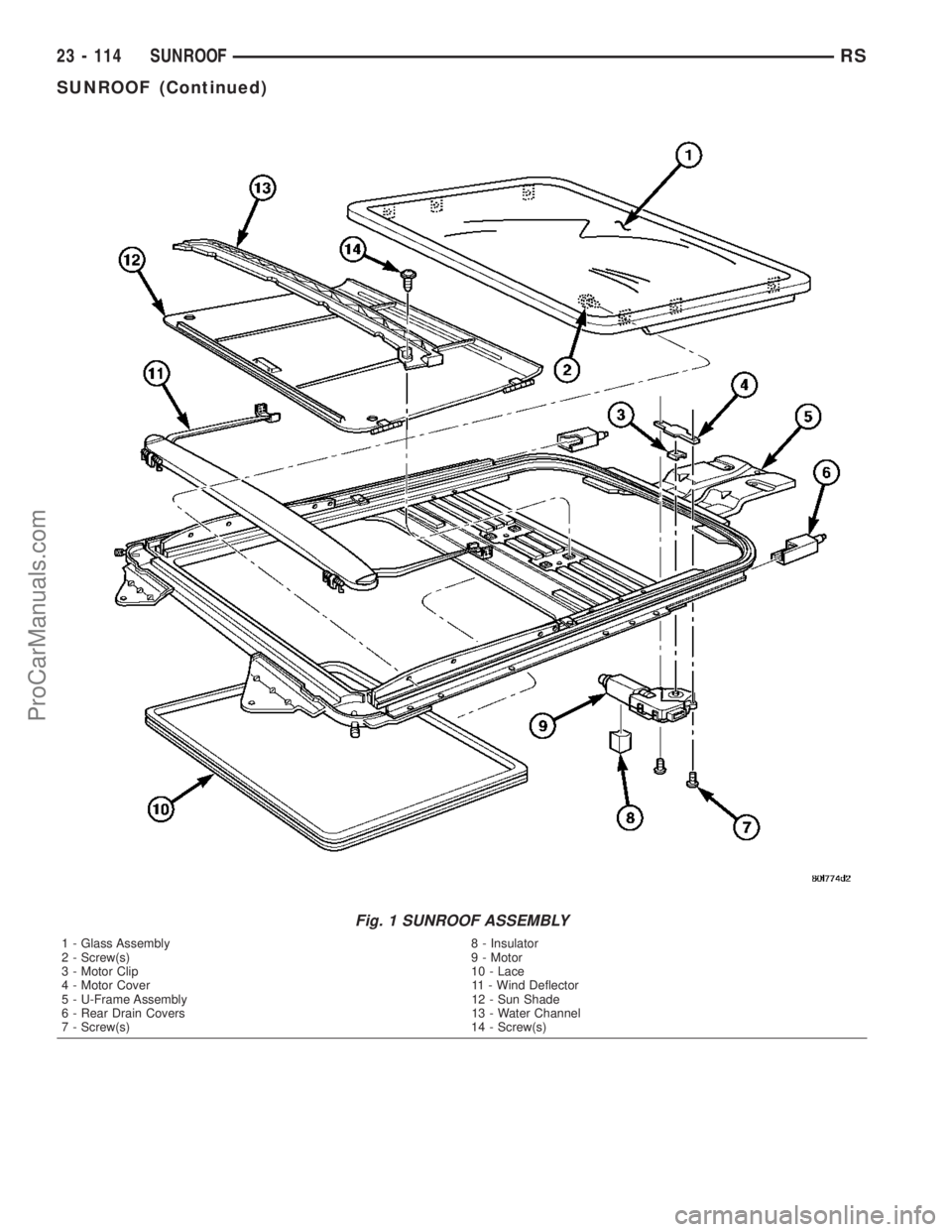 CHRYSLER VOYAGER 2003  Service Manual Fig. 1 SUNROOF ASSEMBLY
1 - Glass Assembly 8 - Insulator
2 - Screw(s) 9 - Motor
3 - Motor Clip 10 - Lace
4 - Motor Cover 11 - Wind Deflector
5 - U-Frame Assembly 12 - Sun Shade
6 - Rear Drain Covers 1