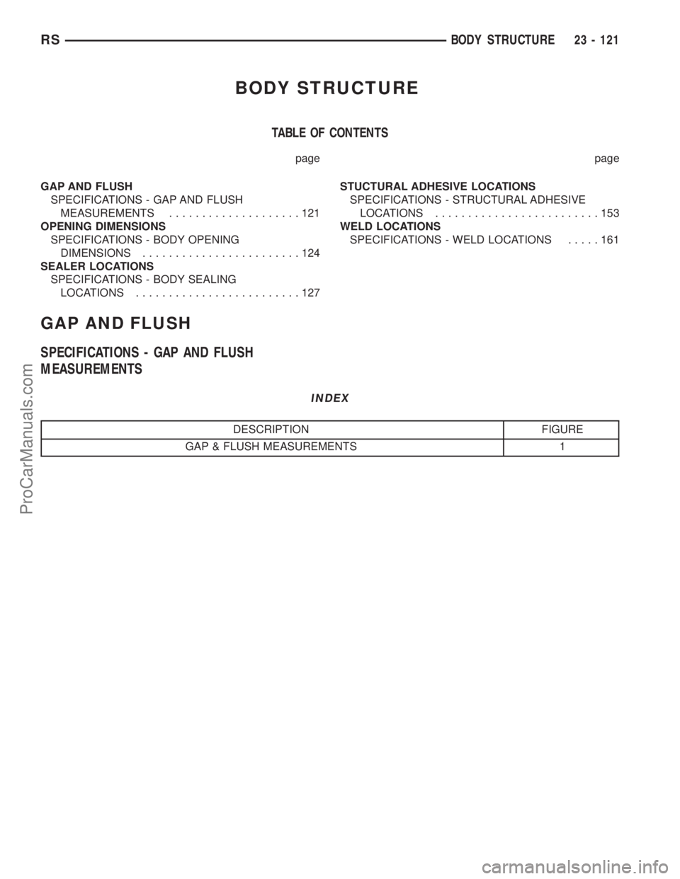 CHRYSLER VOYAGER 2003  Service Manual BODY STRUCTURE
TABLE OF CONTENTS
page page
GAP AND FLUSH
SPECIFICATIONS - GAP AND FLUSH
MEASUREMENTS....................121
OPENING DIMENSIONS
SPECIFICATIONS - BODY OPENING
DIMENSIONS.................