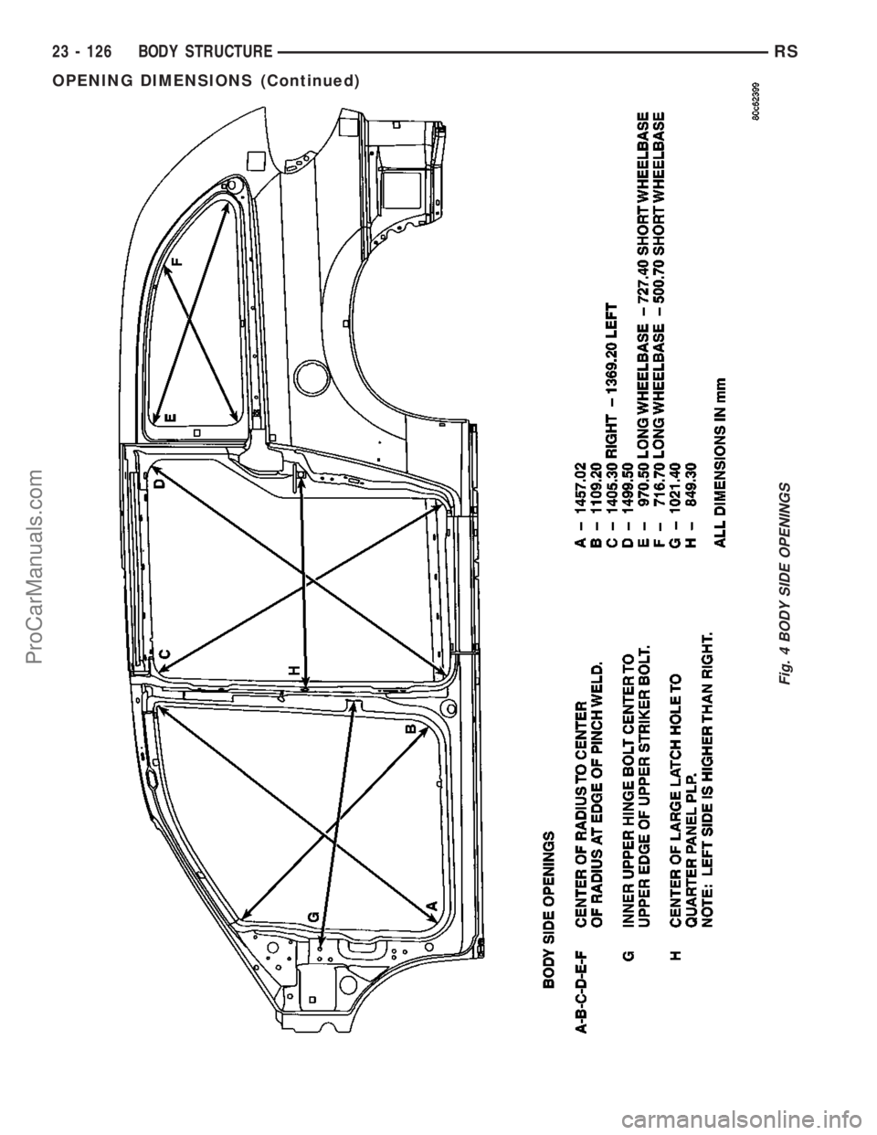 CHRYSLER VOYAGER 2003  Service Manual Fig. 4 BODY SIDE OPENINGS
23 - 126 BODY STRUCTURERS
OPENING DIMENSIONS (Continued)
ProCarManuals.com 