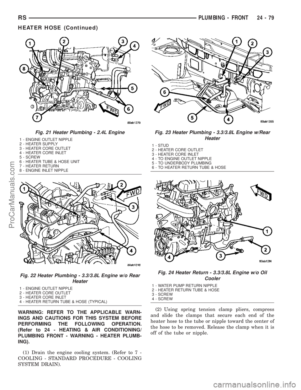 CHRYSLER VOYAGER 2003  Service Manual WARNING: REFER TO THE APPLICABLE WARN-
INGS AND CAUTIONS FOR THIS SYSTEM BEFORE
PERFORMING THE FOLLOWING OPERATION.
(Refer to 24 - HEATING & AIR CONDITIONING/
PLUMBING FRONT - WARNING - HEATER PLUMB-
