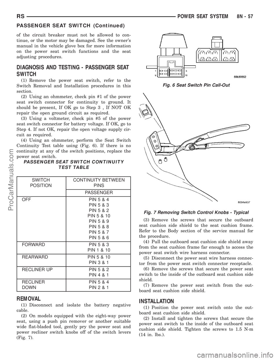 CHRYSLER VOYAGER 2003 Service Manual of the circuit breaker must not be allowed to con-
tinue, or the motor may be damaged. See the owners
manual in the vehicle glove box for more information
on the power seat switch functions and the s CHRYSLER VOYAGER 2003 Service Manual of the circuit breaker must not be allowed to con-
tinue, or the motor may be damaged. See the owners
manual in the vehicle glove box for more information
on the power seat switch functions and the s