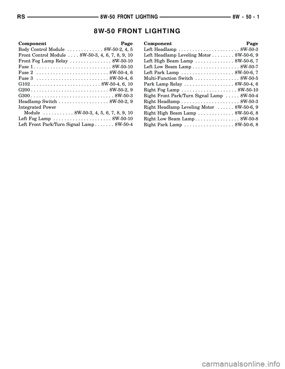 CHRYSLER VOYAGER 2004  Service Manual 8W-50 FRONT LIGHTING
Component Page
Body Control Module............. 8W-50-2, 4, 5
Front Control Module.... 8W-50-3, 4, 6, 7, 8, 9, 10
Front Fog Lamp Relay............... 8W-50-10
Fuse 1..............