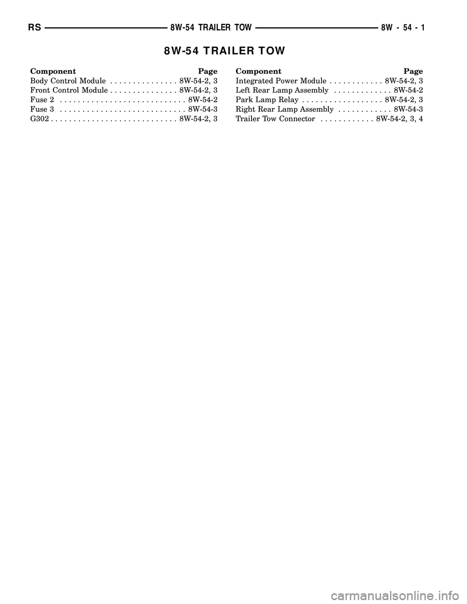CHRYSLER VOYAGER 2004  Service Manual 8W-54 TRAILER TOW
Component Page
Body Control Module............... 8W-54-2, 3
Front Control Module............... 8W-54-2, 3
Fuse 2............................ 8W-54-2
Fuse 3.........................
