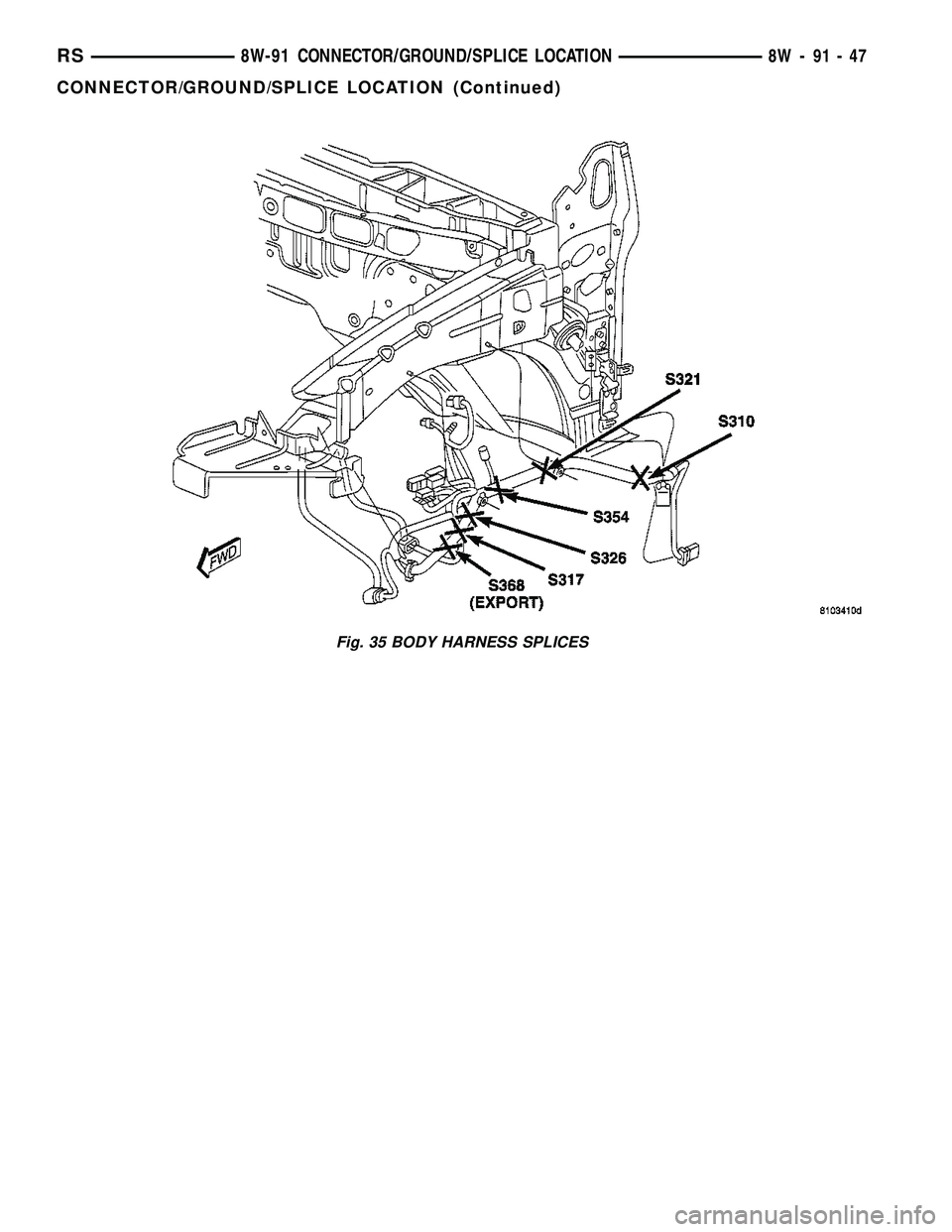 CHRYSLER VOYAGER 2004  Service Manual Fig. 35 BODY HARNESS SPLICES
RS8W-91 CONNECTOR/GROUND/SPLICE LOCATION8W-91-47
CONNECTOR/GROUND/SPLICE LOCATION (Continued) 