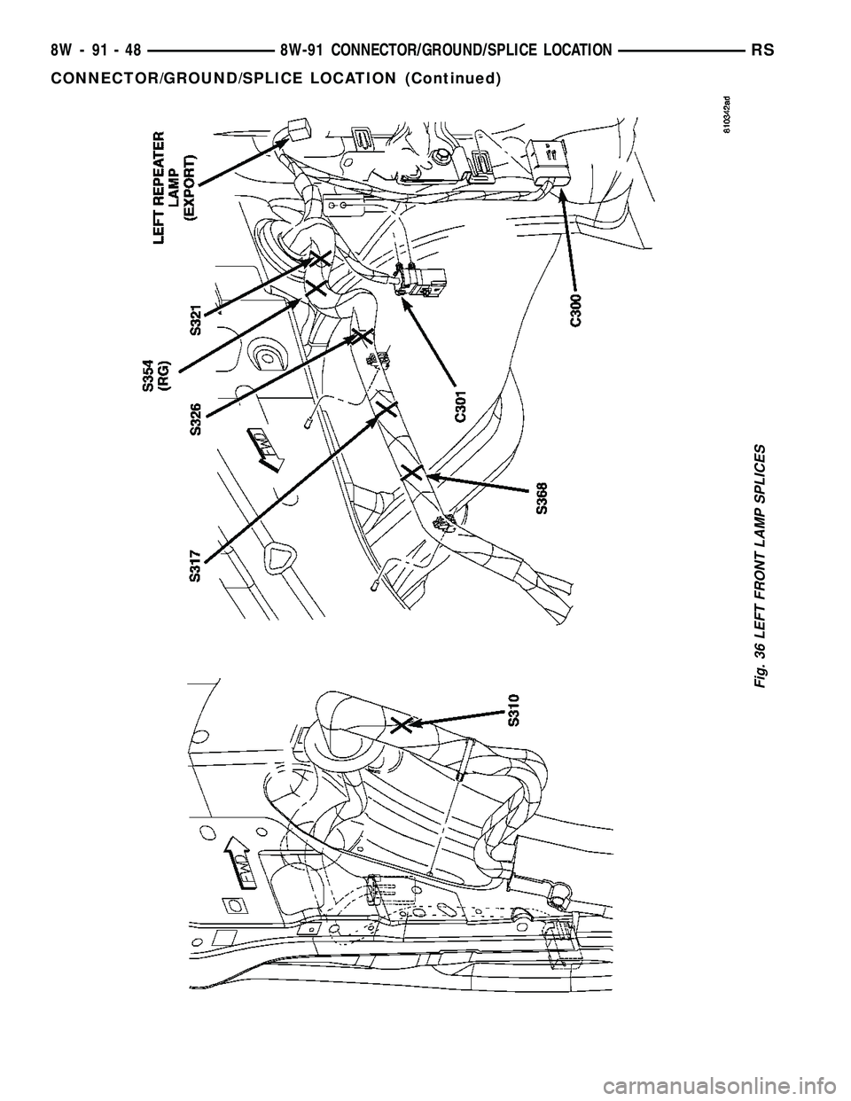 CHRYSLER VOYAGER 2004  Service Manual Fig. 36 LEFT FRONT LAMP SPLICES
8W - 91 - 48 8W-91 CONNECTOR/GROUND/SPLICE LOCATIONRS
CONNECTOR/GROUND/SPLICE LOCATION (Continued) 