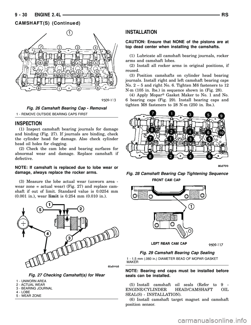 CHRYSLER VOYAGER 2004  Service Manual INSPECTION
(1) Inspect camshaft bearing journals for damage
and binding (Fig. 27). If journals are binding, check
the cylinder head for damage. Also check cylinder
head oil holes for clogging.
(2) Che