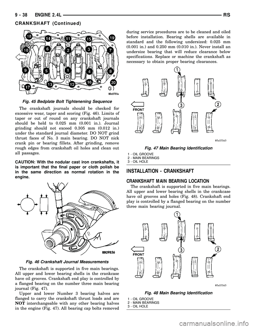 CHRYSLER VOYAGER 2004  Service Manual The crankshaft journals should be checked for
excessive wear, taper and scoring (Fig. 46). Limits of
taper or out of round on any crankshaft journals
should be held to 0.025 mm (0.001 in.). Journal
gr