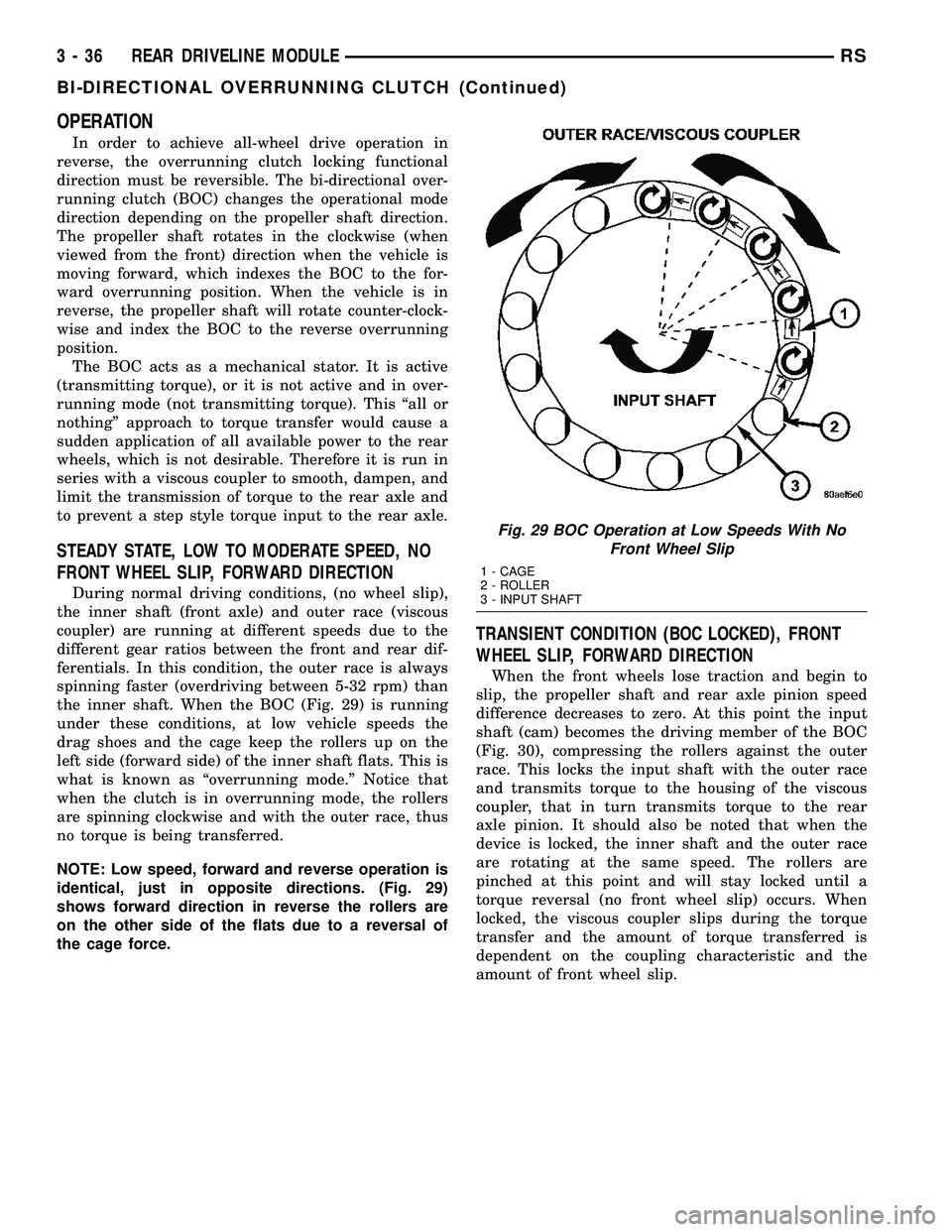 CHRYSLER VOYAGER 2004  Service Manual OPERATION
In order to achieve all-wheel drive operation in
reverse, the overrunning clutch locking functional
direction must be reversible. The bi-directional over-
running clutch (BOC) changes the op