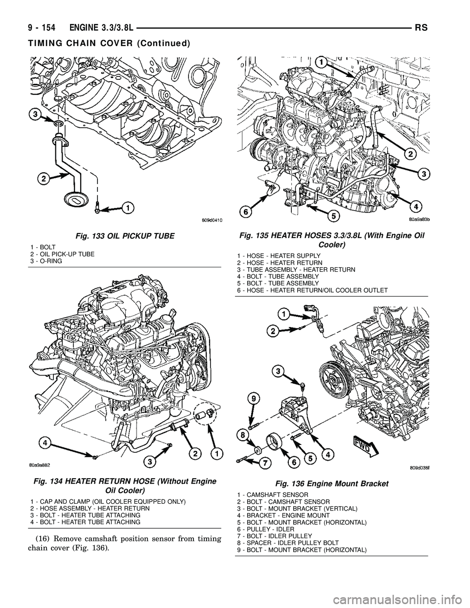 CHRYSLER VOYAGER 2004  Service Manual (16) Remove camshaft position sensor from timing
chain cover (Fig. 136).
Fig. 133 OIL PICKUP TUBE
1 - BOLT
2 - OIL PICK-UP TUBE
3 - O-RING
Fig. 134 HEATER RETURN HOSE (Without Engine
Oil Cooler)
1 - C