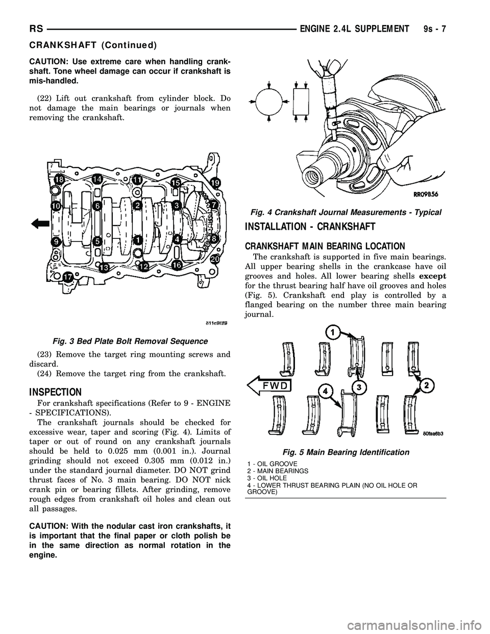 CHRYSLER VOYAGER 2004  Service Manual CAUTION: Use extreme care when handling crank-
shaft. Tone wheel damage can occur if crankshaft is
mis-handled.
(22) Lift out crankshaft from cylinder block. Do
not damage the main bearings or journal