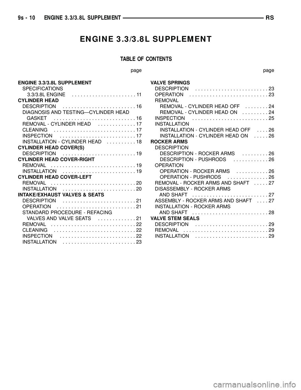 CHRYSLER VOYAGER 2004  Service Manual ENGINE 3.3/3.8L SUPPLEMENT
TABLE OF CONTENTS
page page
ENGINE 3.3/3.8L SUPPLEMENT
SPECIFICATIONS
3.3/3.8L ENGINE......................11
CYLINDER HEAD
DESCRIPTION.........................16
DIAGNOSIS 