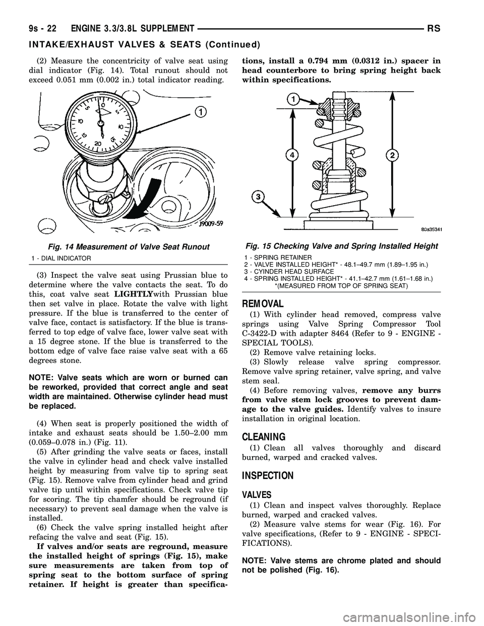 CHRYSLER VOYAGER 2004  Service Manual (2) Measure the concentricity of valve seat using
dial indicator (Fig. 14). Total runout should not
exceed 0.051 mm (0.002 in.) total indicator reading.
(3) Inspect the valve seat using Prussian blue 