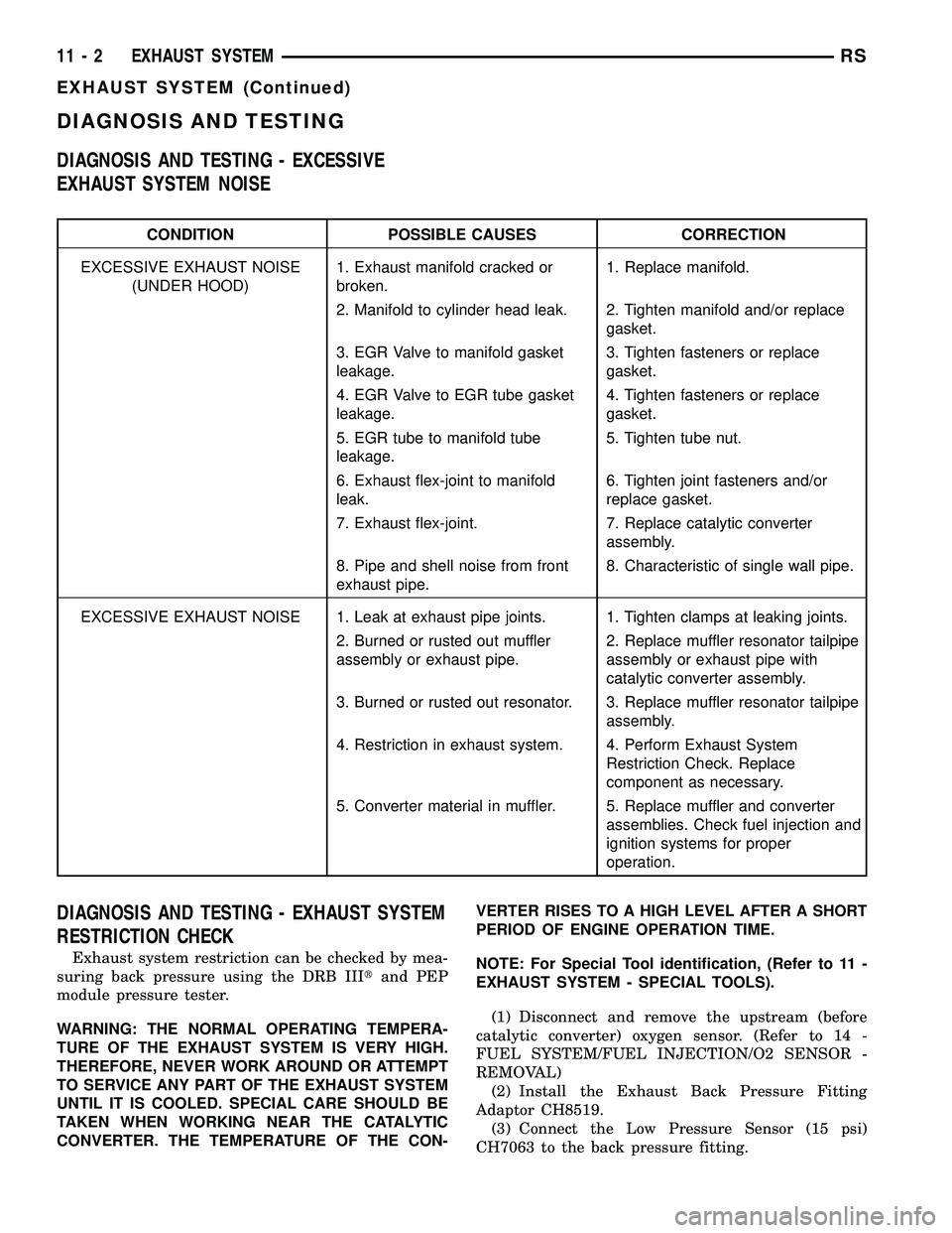 CHRYSLER VOYAGER 2004  Service Manual DIAGNOSIS AND TESTING
DIAGNOSIS AND TESTING - EXCESSIVE
EXHAUST SYSTEM NOISE
CONDITION POSSIBLE CAUSES CORRECTION
EXCESSIVE EXHAUST NOISE
(UNDER HOOD)1. Exhaust manifold cracked or
broken.1. Replace m