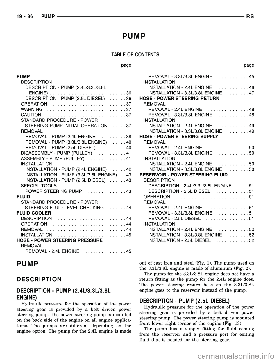 CHRYSLER VOYAGER 2004  Service Manual PUMP
TABLE OF CONTENTS
page page
PUMP
DESCRIPTION
DESCRIPTION - PUMP (2.4L/3.3L/3.8L
ENGINE)............................36
DESCRIPTION - PUMP (2.5L DIESEL)......36
OPERATION...........................