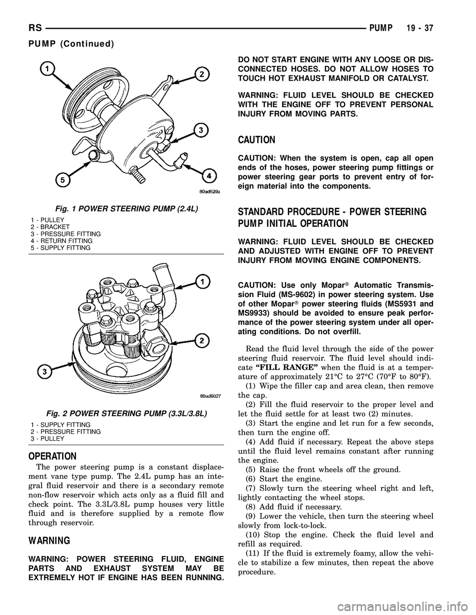 CHRYSLER VOYAGER 2004  Service Manual OPERATION
The power steering pump is a constant displace-
ment vane type pump. The 2.4L pump has an inte-
gral fluid reservoir and there is a secondary remote
non-flow reservoir which acts only as a f