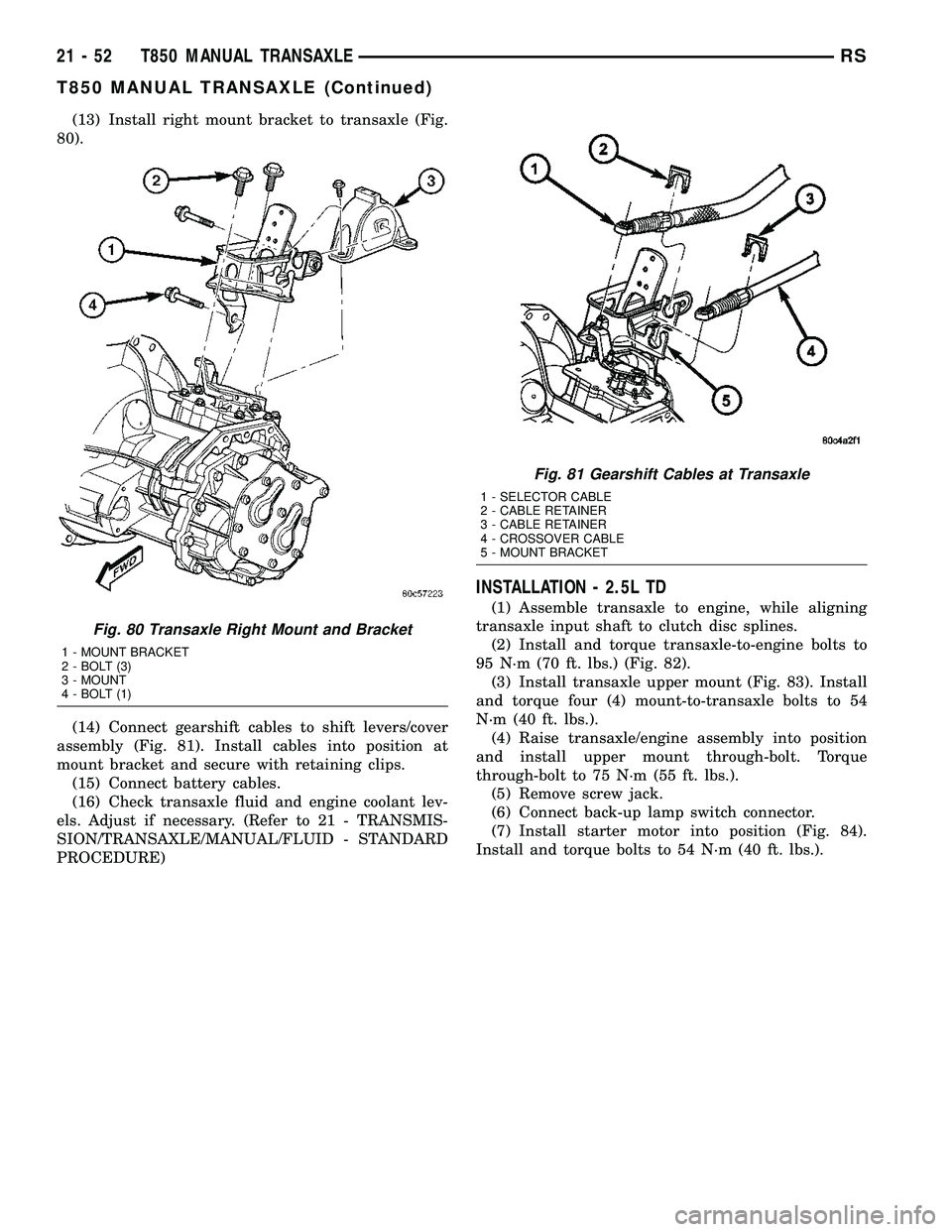 CHRYSLER VOYAGER 2004  Service Manual (13) Install right mount bracket to transaxle (Fig.
80).
(14) Connect gearshift cables to shift levers/cover
assembly (Fig. 81). Install cables into position at
mount bracket and secure with retaining