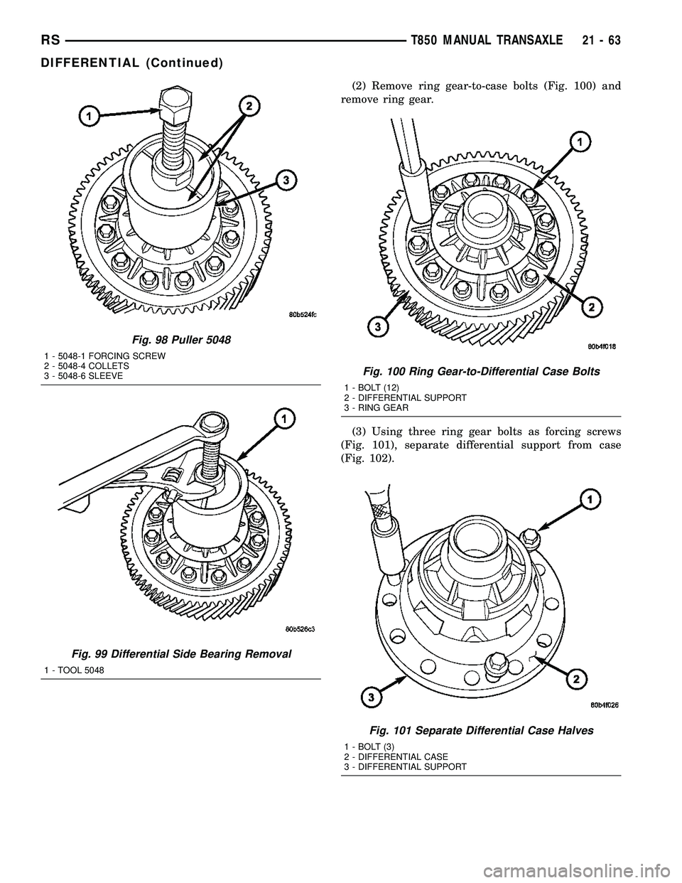 CHRYSLER VOYAGER 2004  Service Manual (2) Remove ring gear-to-case bolts (Fig. 100) and
remove ring gear.
(3) Using three ring gear bolts as forcing screws
(Fig. 101), separate differential support from case
(Fig. 102).
Fig. 98 Puller 504