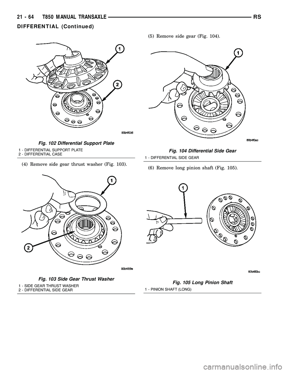 CHRYSLER VOYAGER 2004  Service Manual (4) Remove side gear thrust washer (Fig. 103).(5) Remove side gear (Fig. 104).
(6) Remove long pinion shaft (Fig. 105).
Fig. 102 Differential Support Plate
1 - DIFFERENTIAL SUPPORT PLATE
2 - DIFFERENT