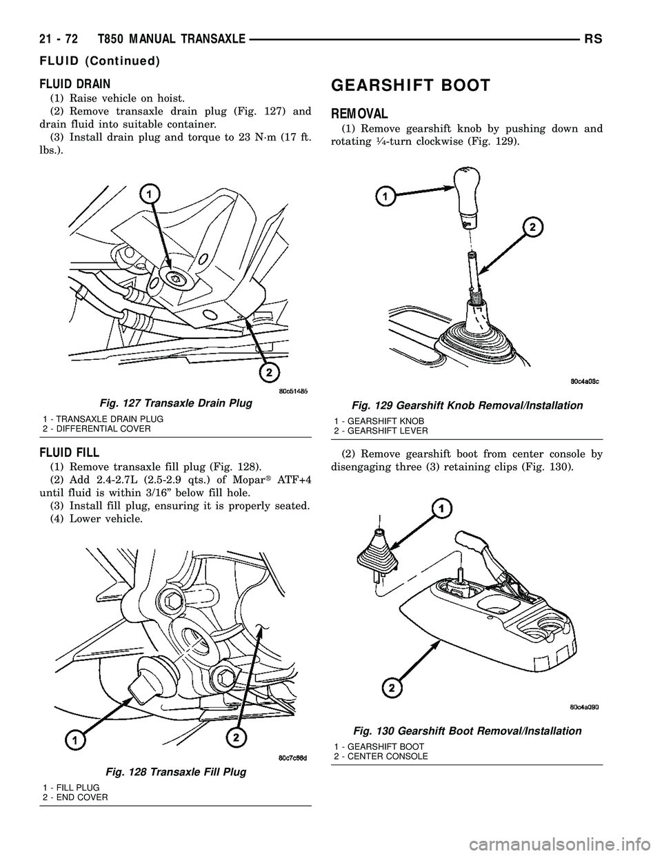 CHRYSLER VOYAGER 2004  Service Manual FLUID DRAIN
(1) Raise vehicle on hoist.
(2) Remove transaxle drain plug (Fig. 127) and
drain fluid into suitable container.
(3) Install drain plug and torque to 23 N´m (17 ft.
lbs.).
FLUID FILL
(1) R