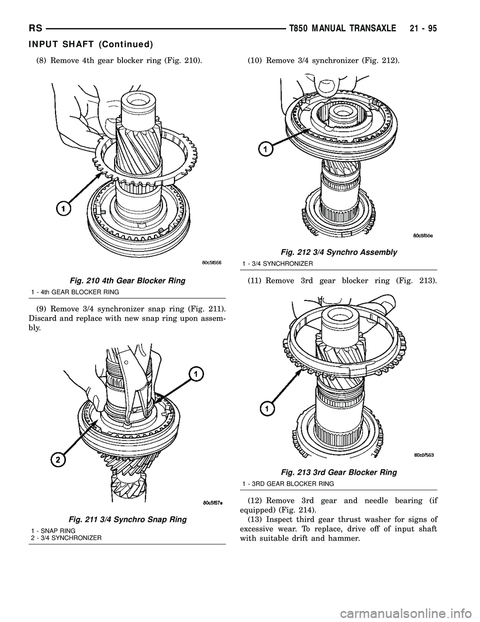 CHRYSLER VOYAGER 2004  Service Manual (8) Remove 4th gear blocker ring (Fig. 210).
(9) Remove 3/4 synchronizer snap ring (Fig. 211).
Discard and replace with new snap ring upon assem-
bly.(10) Remove 3/4 synchronizer (Fig. 212).
(11) Remo