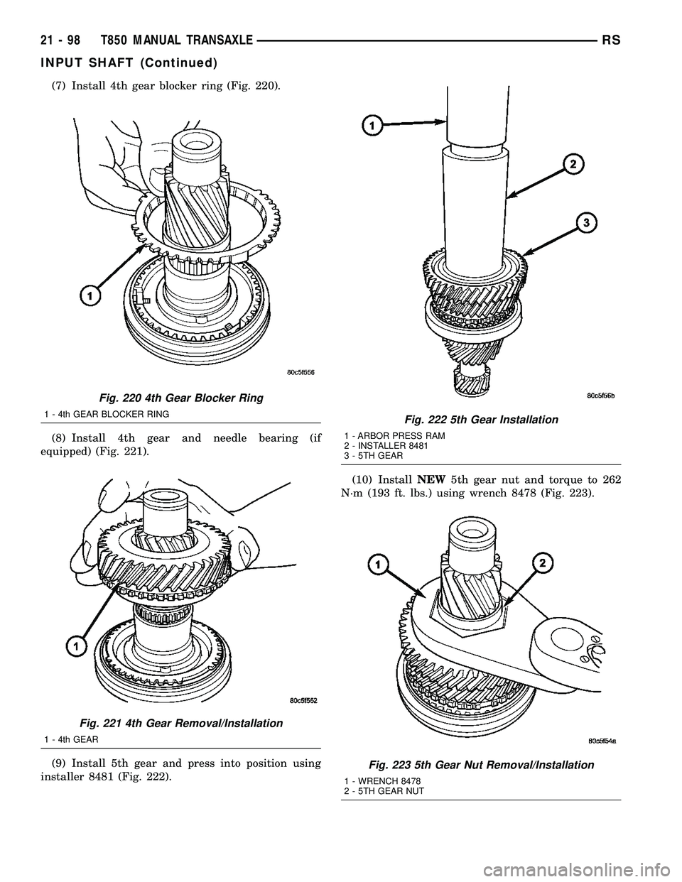 CHRYSLER VOYAGER 2004  Service Manual (7) Install 4th gear blocker ring (Fig. 220).
(8) Install 4th gear and needle bearing (if
equipped) (Fig. 221).
(9) Install 5th gear and press into position using
installer 8481 (Fig. 222).(10) Instal