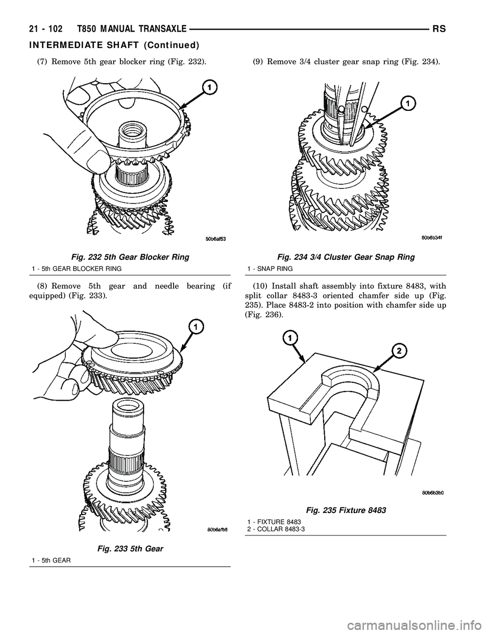 CHRYSLER VOYAGER 2004  Service Manual (7) Remove 5th gear blocker ring (Fig. 232).
(8) Remove 5th gear and needle bearing (if
equipped) (Fig. 233).(9) Remove 3/4 cluster gear snap ring (Fig. 234).
(10) Install shaft assembly into fixture 