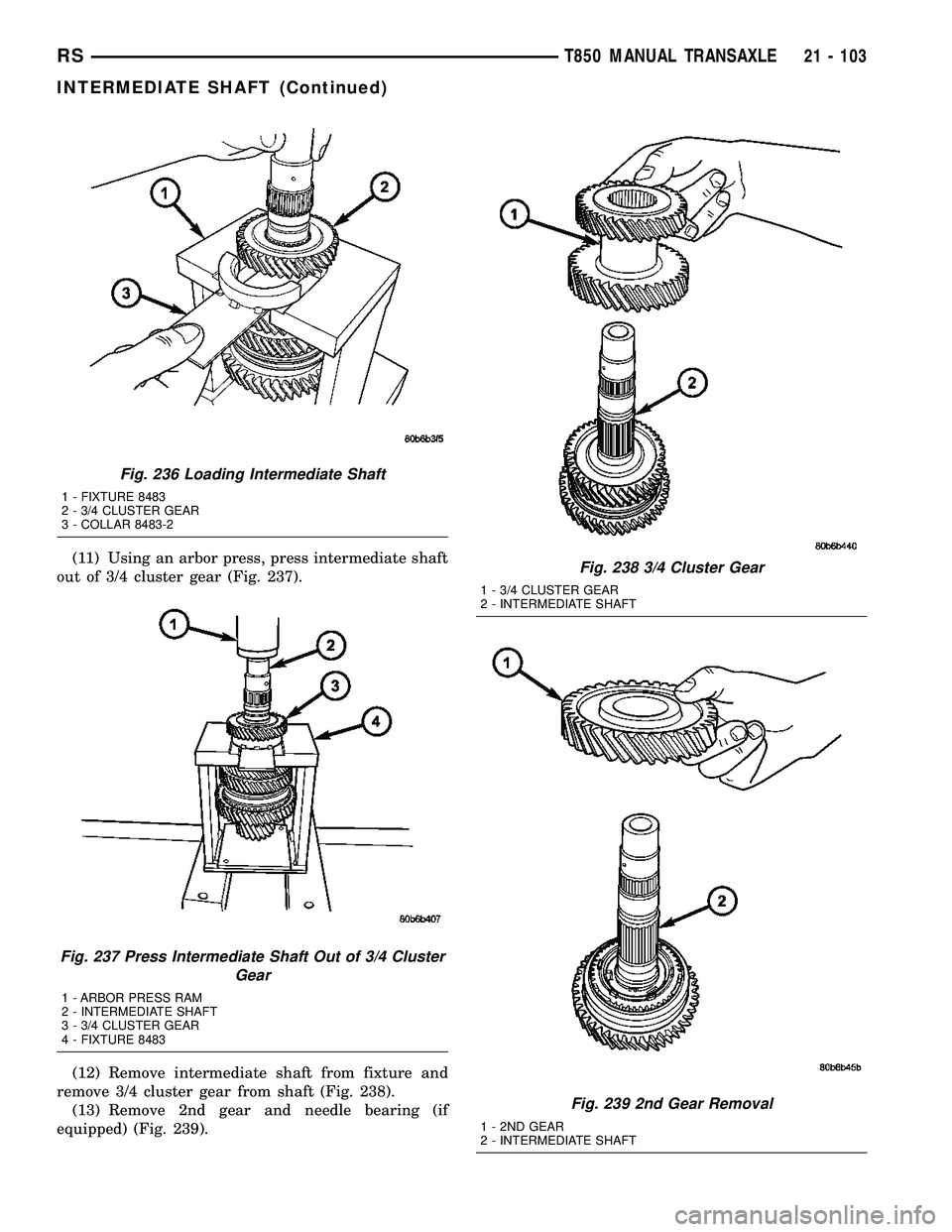 CHRYSLER VOYAGER 2004  Service Manual (11) Using an arbor press, press intermediate shaft
out of 3/4 cluster gear (Fig. 237).
(12) Remove intermediate shaft from fixture and
remove 3/4 cluster gear from shaft (Fig. 238).
(13) Remove 2nd g