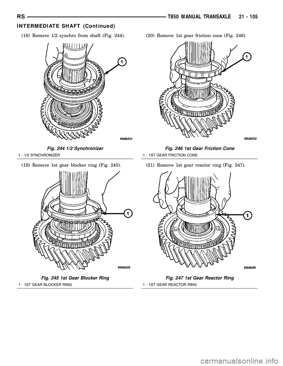 CHRYSLER VOYAGER 2004  Service Manual (18) Remove 1/2 synchro from shaft (Fig. 244).
(19) Remove 1st gear blocker ring (Fig. 245).(20) Remove 1st gear friction cone (Fig. 246).
(21) Remove 1st gear reactor ring (Fig. 247).
Fig. 244 1/2 Sy