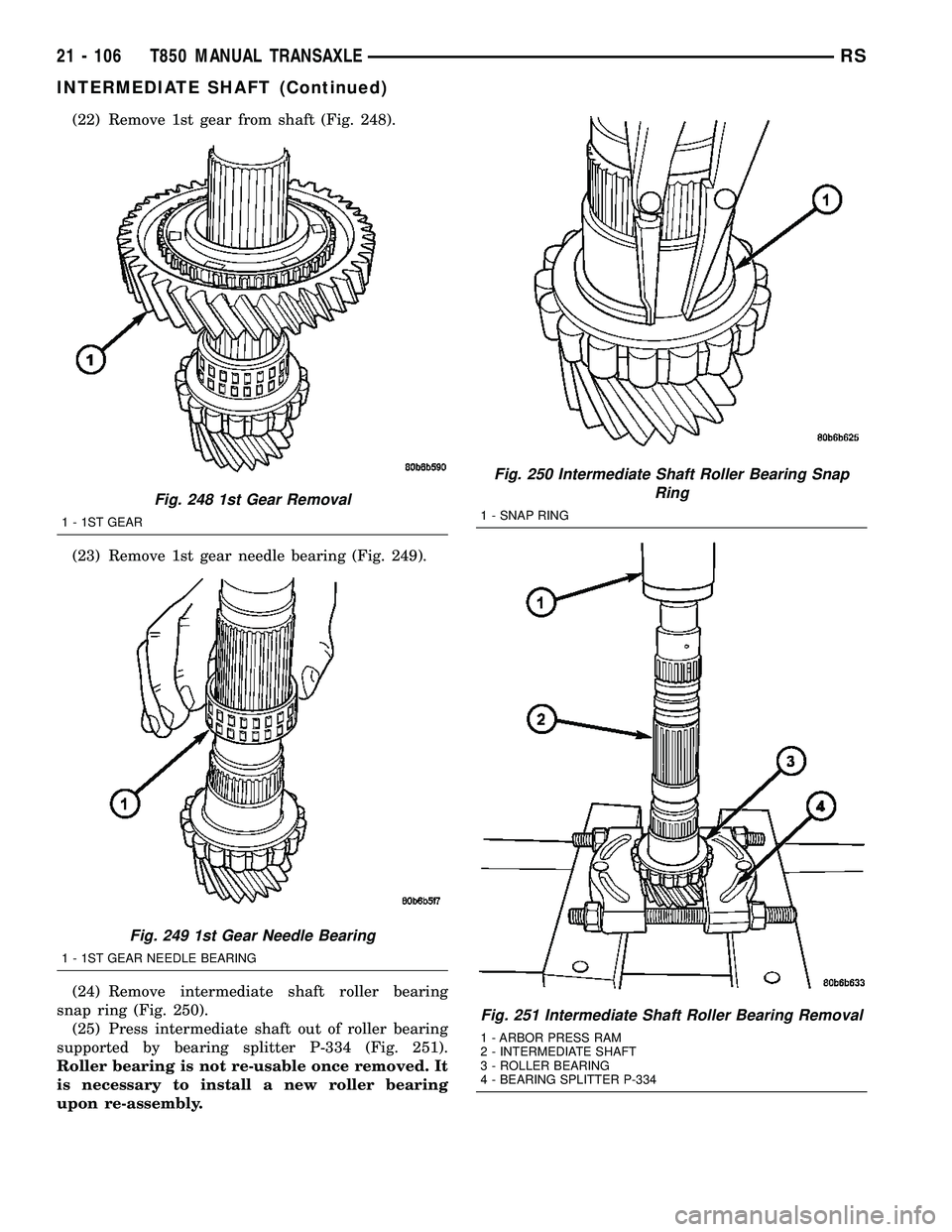 CHRYSLER VOYAGER 2004  Service Manual (22) Remove 1st gear from shaft (Fig. 248).
(23) Remove 1st gear needle bearing (Fig. 249).
(24) Remove intermediate shaft roller bearing
snap ring (Fig. 250).
(25) Press intermediate shaft out of rol