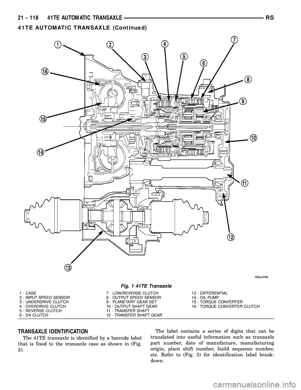 CHRYSLER VOYAGER 2004  Service Manual TRANSAXLE IDENTIFICATION
The 41TE transaxle is identified by a barcode label
that is fixed to the transaxle case as shown in (Fig.
2).The label contains a series of digits that can be
translated into 