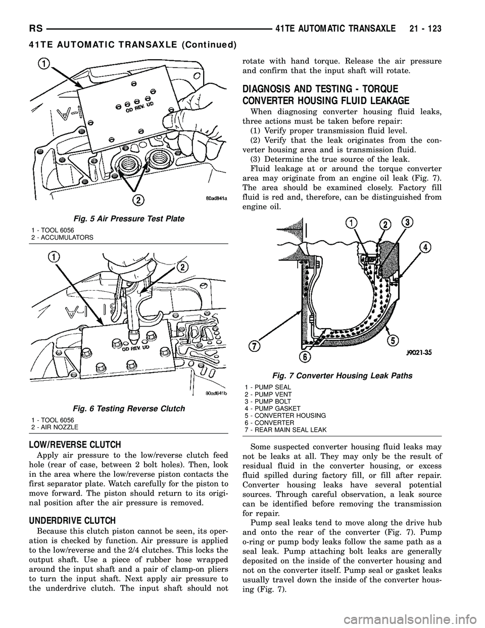 CHRYSLER VOYAGER 2004  Service Manual LOW/REVERSE CLUTCH
Apply air pressure to the low/reverse clutch feed
hole (rear of case, between 2 bolt holes). Then, look
in the area where the low/reverse piston contacts the
first separator plate. 