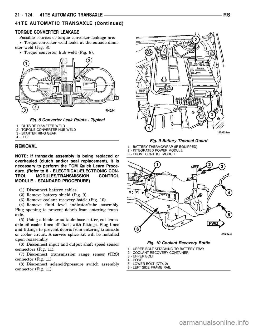 CHRYSLER VOYAGER 2004  Service Manual TORQUE CONVERTER LEAKAGE
Possible sources of torque converter leakage are:
²Torque converter weld leaks at the outside diam-
eter weld (Fig. 8).
²Torque converter hub weld (Fig. 8).
REMOVAL
NOTE: If