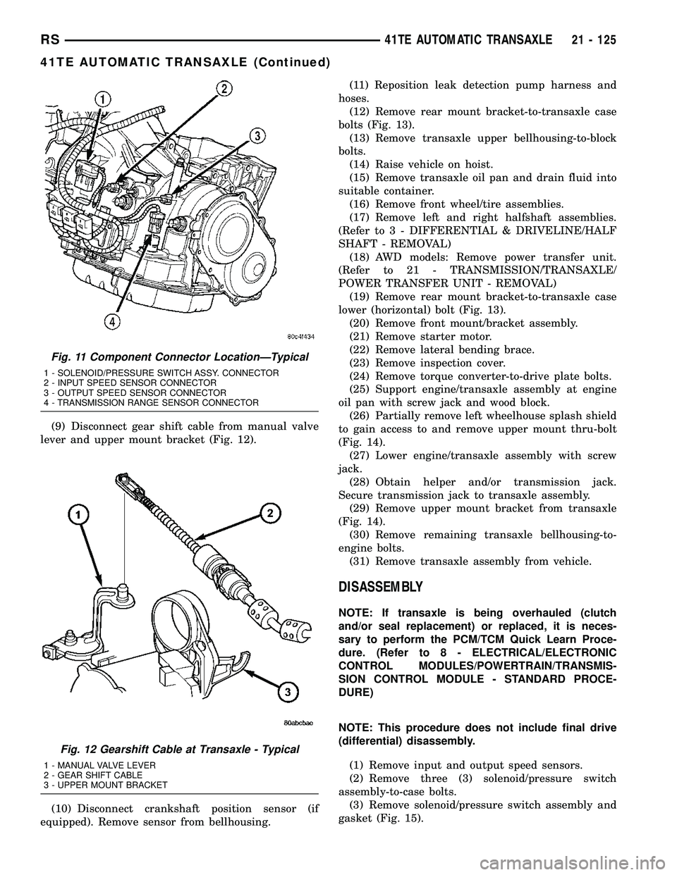 CHRYSLER VOYAGER 2004  Service Manual (9) Disconnect gear shift cable from manual valve
lever and upper mount bracket (Fig. 12).
(10) Disconnect crankshaft position sensor (if
equipped). Remove sensor from bellhousing.(11) Reposition leak