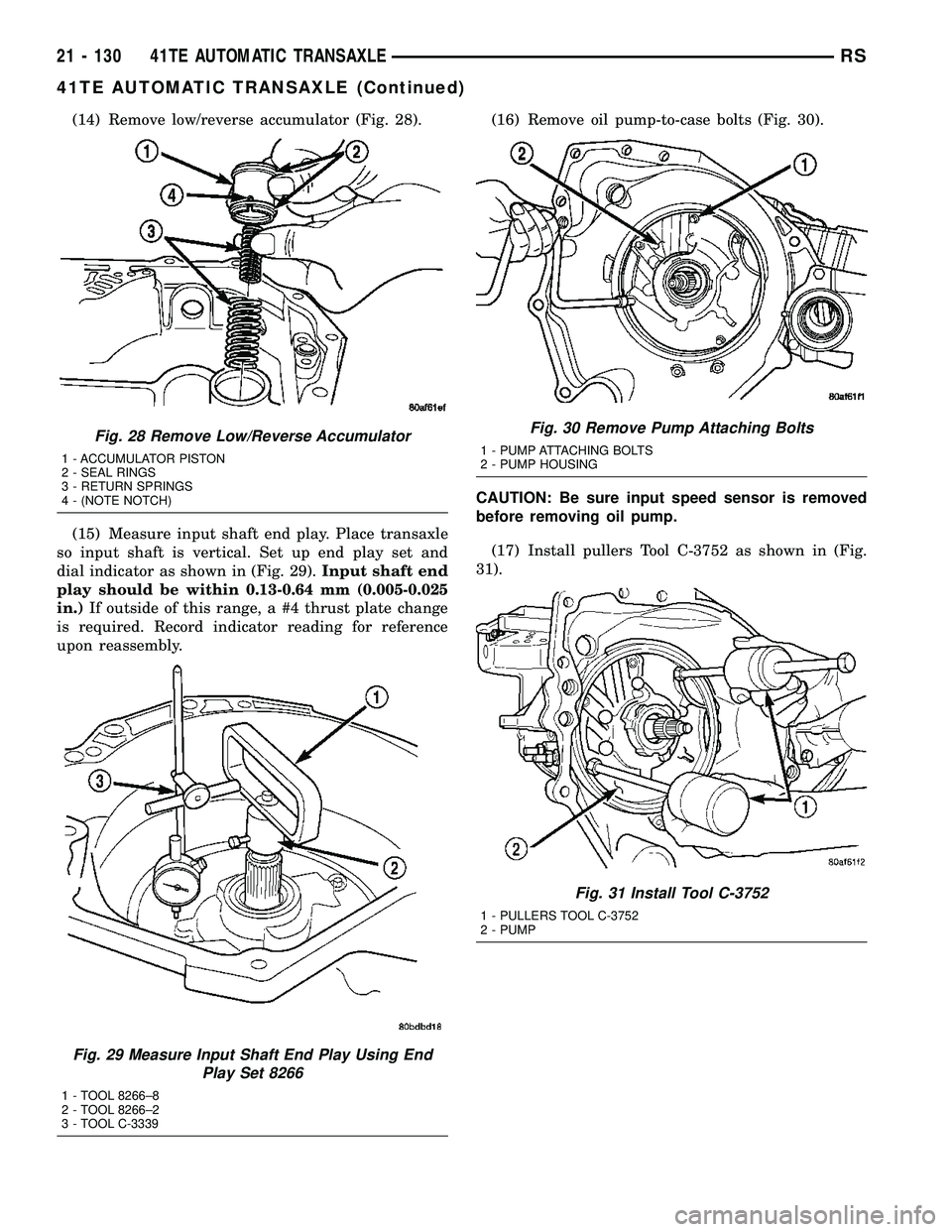 CHRYSLER VOYAGER 2004  Service Manual (14) Remove low/reverse accumulator (Fig. 28).
(15) Measure input shaft end play. Place transaxle
so input shaft is vertical. Set up end play set and
dial indicator as shown in (Fig. 29).Input shaft e
