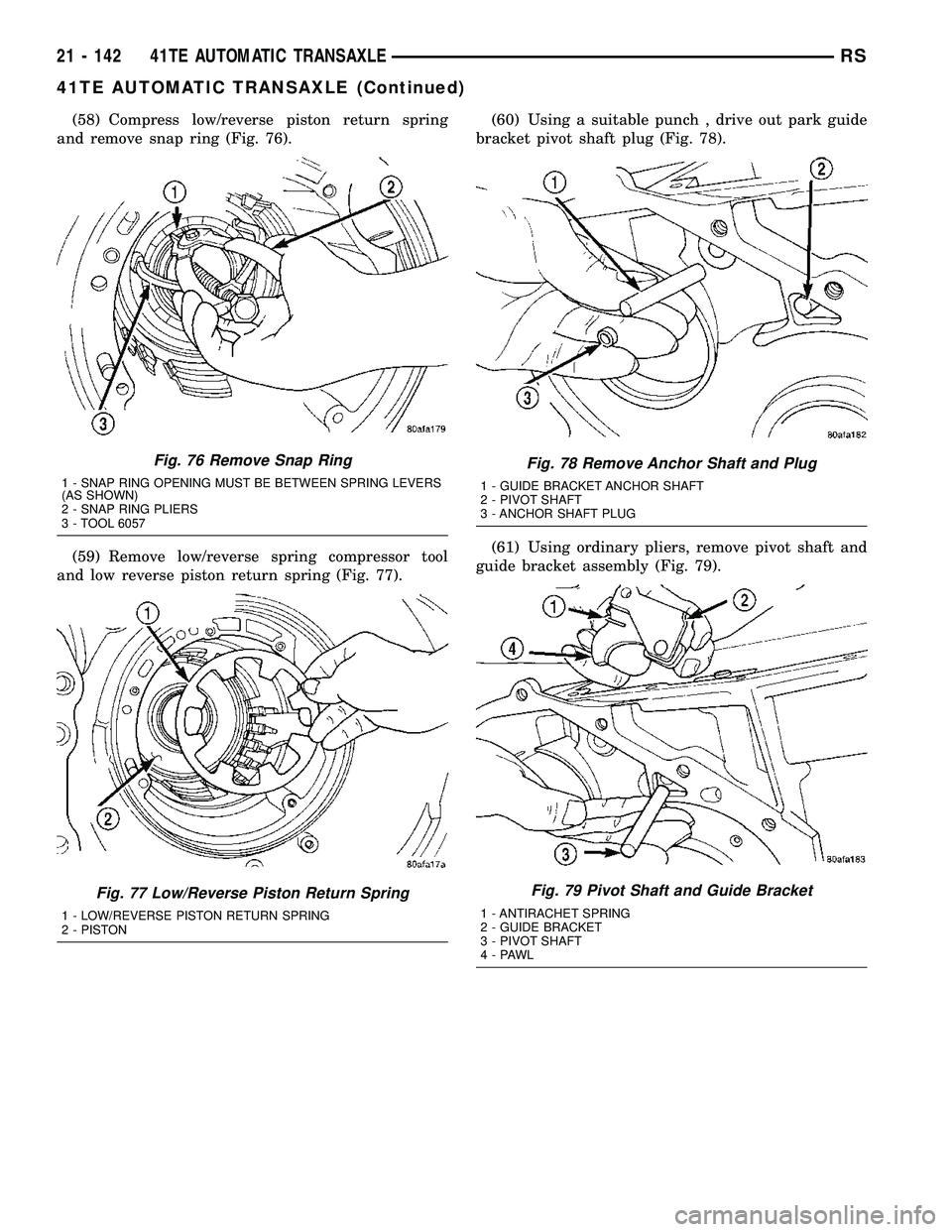 CHRYSLER VOYAGER 2004  Service Manual (58) Compress low/reverse piston return spring
and remove snap ring (Fig. 76).
(59) Remove low/reverse spring compressor tool
and low reverse piston return spring (Fig. 77).(60) Using a suitable punch