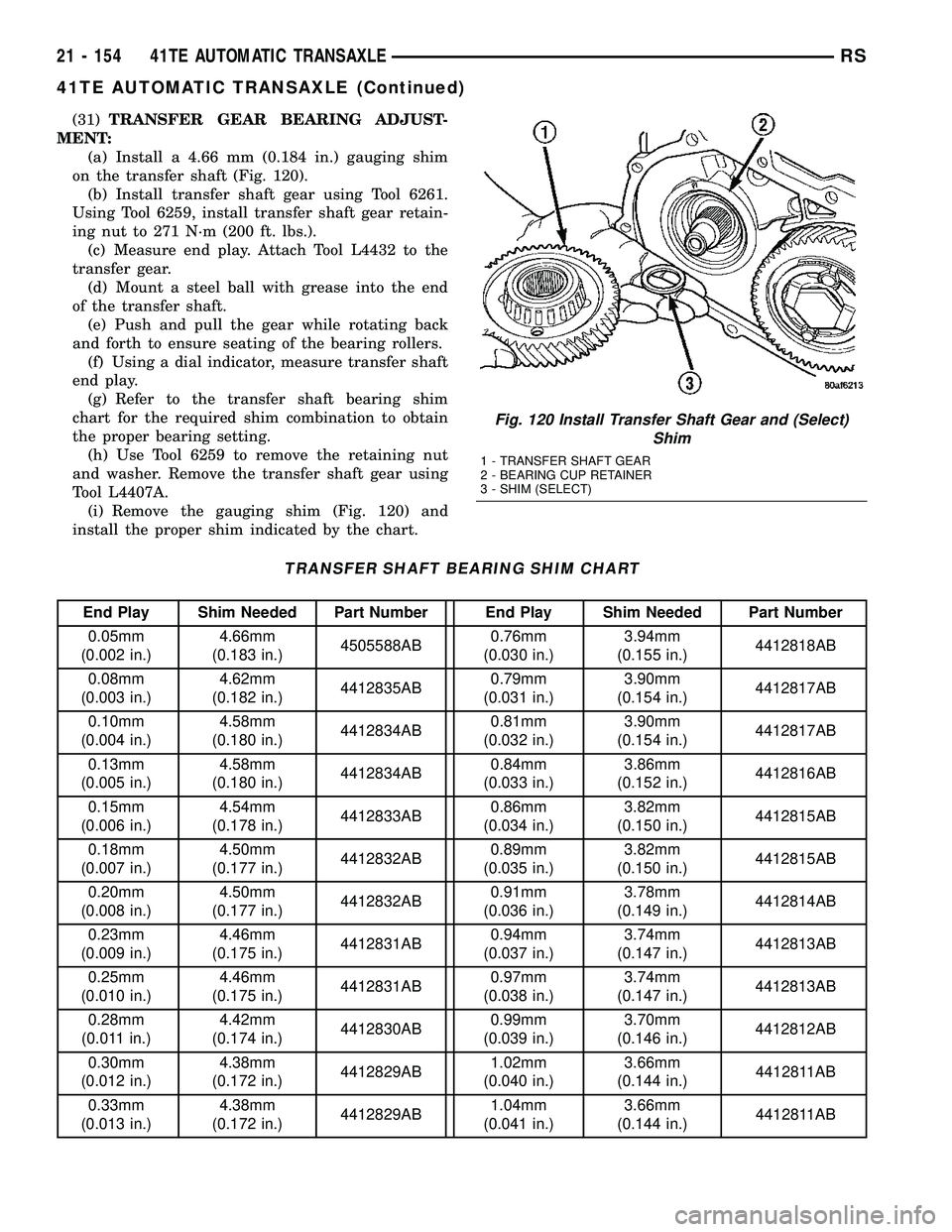 CHRYSLER VOYAGER 2004 Service Manual (31)TRANSFER GEAR BEARING ADJUST-
MENT:
(a) Install a 4.66 mm (0.184 in.) gauging shim
on the transfer shaft (Fig. 120).
(b) Install transfer shaft gear using Tool 6261.
Using Tool 6259, install trans CHRYSLER VOYAGER 2004 Service Manual (31)TRANSFER GEAR BEARING ADJUST-
MENT:
(a) Install a 4.66 mm (0.184 in.) gauging shim
on the transfer shaft (Fig. 120).
(b) Install transfer shaft gear using Tool 6261.
Using Tool 6259, install trans