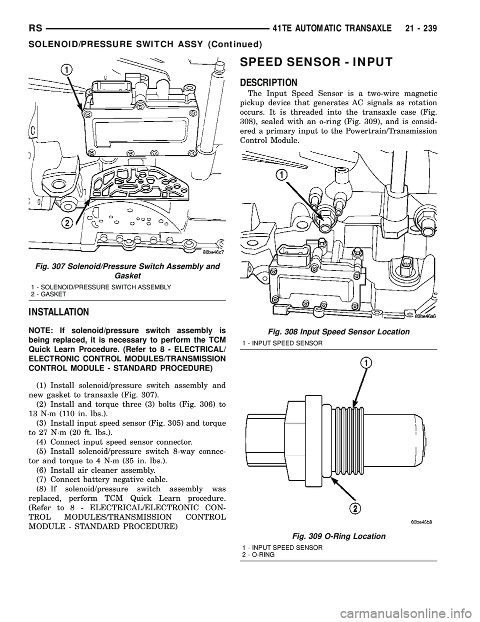 CHRYSLER VOYAGER 2004  Service Manual INSTALLATION
NOTE: If solenoid/pressure switch assembly is
being replaced, it is necessary to perform the TCM
Quick Learn Procedure. (Refer to 8 - ELECTRICAL/
ELECTRONIC CONTROL MODULES/TRANSMISSION
C