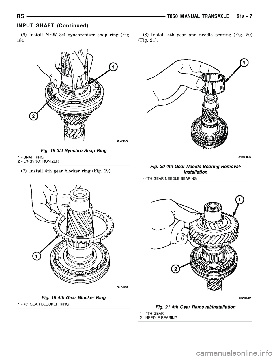 CHRYSLER VOYAGER 2004  Service Manual (6) InstallNEW3/4 synchronizer snap ring (Fig.
18).
(7) Install 4th gear blocker ring (Fig. 19). (8) Install 4th gear and needle bearing (Fig. 20)
(Fig. 21).
Fig. 18 3/4 Synchro Snap Ring
1 - SNAP RIN