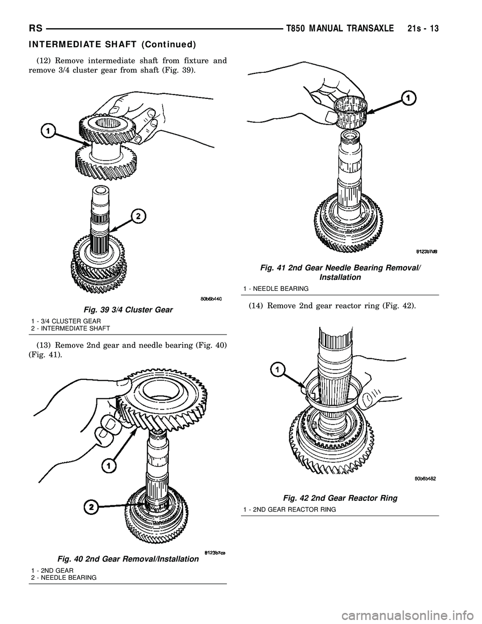 CHRYSLER VOYAGER 2004  Service Manual (12) Remove intermediate shaft from fixture and
remove 3/4 cluster gear from shaft (Fig. 39).
(13) Remove 2nd gear and needle bearing (Fig. 40)
(Fig. 41). (14) Remove 2nd gear reactor ring (Fig. 42).
