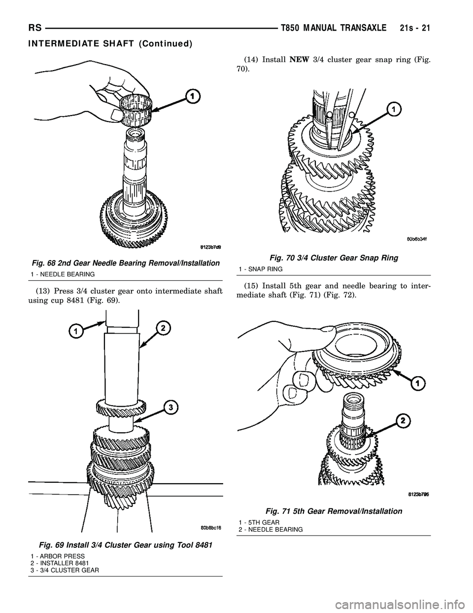 CHRYSLER VOYAGER 2004  Service Manual (13) Press 3/4 cluster gear onto intermediate shaft
using cup 8481 (Fig. 69). (14) Install
NEW3/4 cluster gear snap ring (Fig.
70).
(15) Install 5th gear and needle bearing to inter-
mediate shaft (Fi