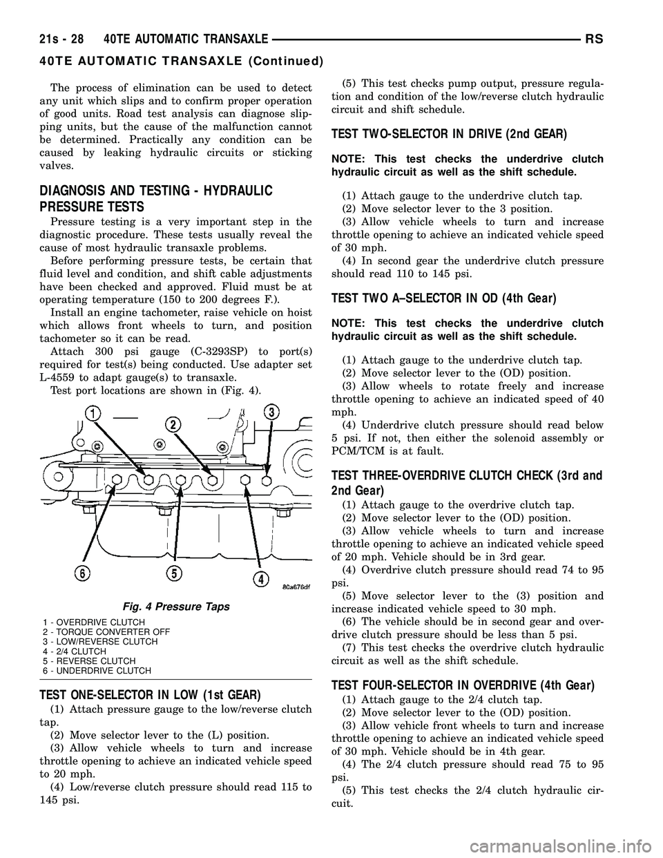 CHRYSLER VOYAGER 2004  Service Manual The process of elimination can be used to detect
any unit which slips and to confirm proper operation
of good units. Road test analysis can diagnose slip-
ping units, but the cause of the malfunction 