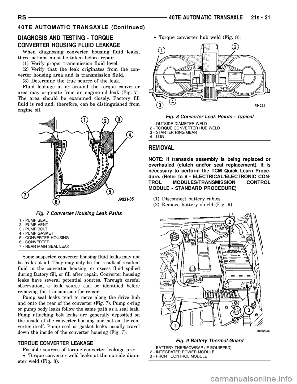 CHRYSLER VOYAGER 2004 Service Manual DIAGNOSIS AND TESTING - TORQUE
CONVERTER HOUSING FLUID LEAKAGE
When diagnosing converter housing fluid leaks,
three actions must be taken before repair: (1) Verify proper transmission fluid level.
(2) CHRYSLER VOYAGER 2004 Service Manual DIAGNOSIS AND TESTING - TORQUE
CONVERTER HOUSING FLUID LEAKAGE
When diagnosing converter housing fluid leaks,
three actions must be taken before repair: (1) Verify proper transmission fluid level.
(2)