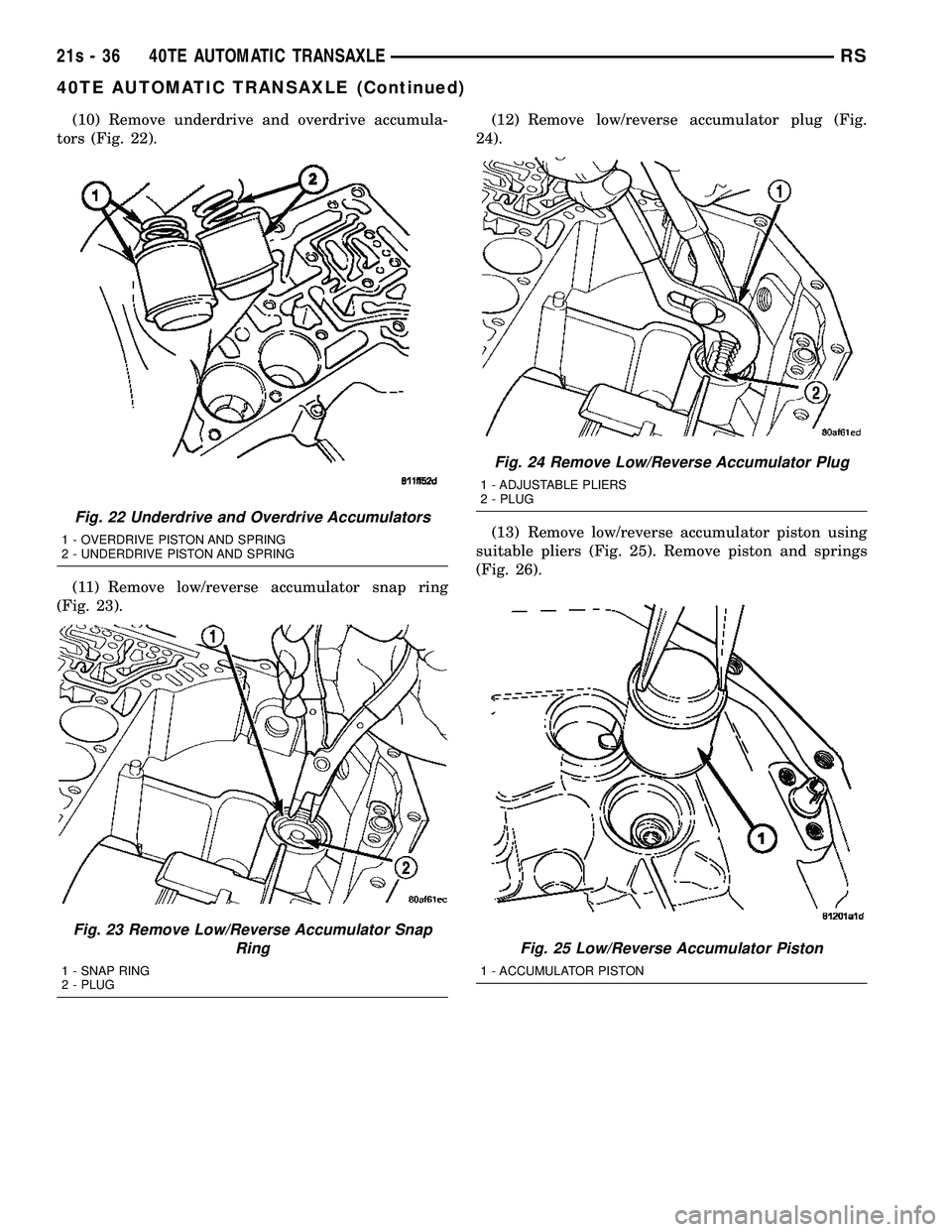 CHRYSLER VOYAGER 2004  Service Manual (10) Remove underdrive and overdrive accumula-
tors (Fig. 22).
(11) Remove low/reverse accumulator snap ring
(Fig. 23). (12) Remove low/reverse accumulator plug (Fig.
24).
(13) Remove low/reverse accu