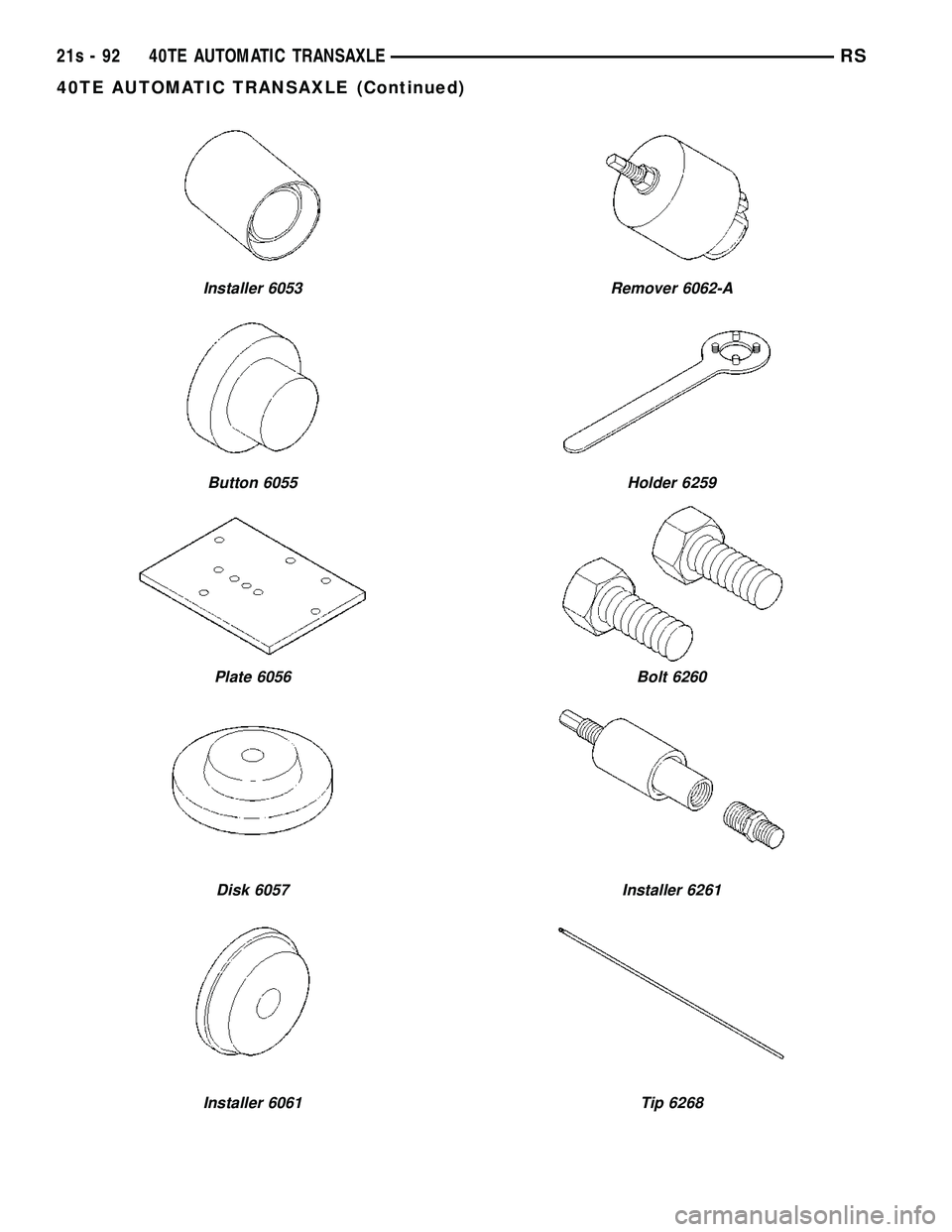 CHRYSLER VOYAGER 2004  Service Manual Installer 6053
Button 6055
Plate 6056
Disk 6057
Installer 6061
Remover 6062-A
Holder 6259
Bolt 6260
Installer 6261
Tip 6268
21s - 92 40TE AUTOMATIC TRANSAXLERS
40TE AUTOMATIC TRANSAXLE (Continued) 