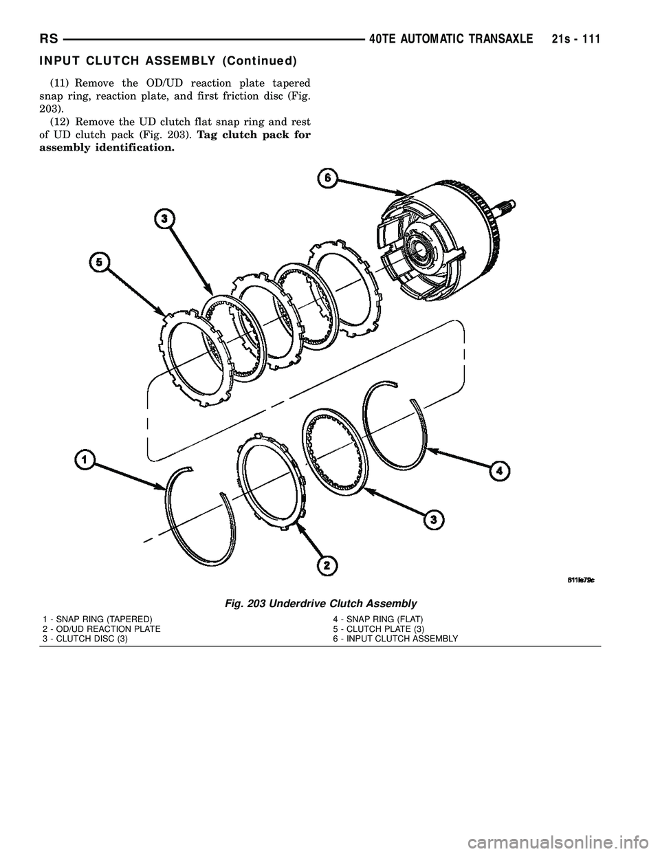 CHRYSLER VOYAGER 2004  Service Manual (11) Remove the OD/UD reaction plate tapered
snap ring, reaction plate, and first friction disc (Fig.
203). (12) Remove the UD clutch flat snap ring and rest
of UD clutch pack (Fig. 203). Tag clutch p