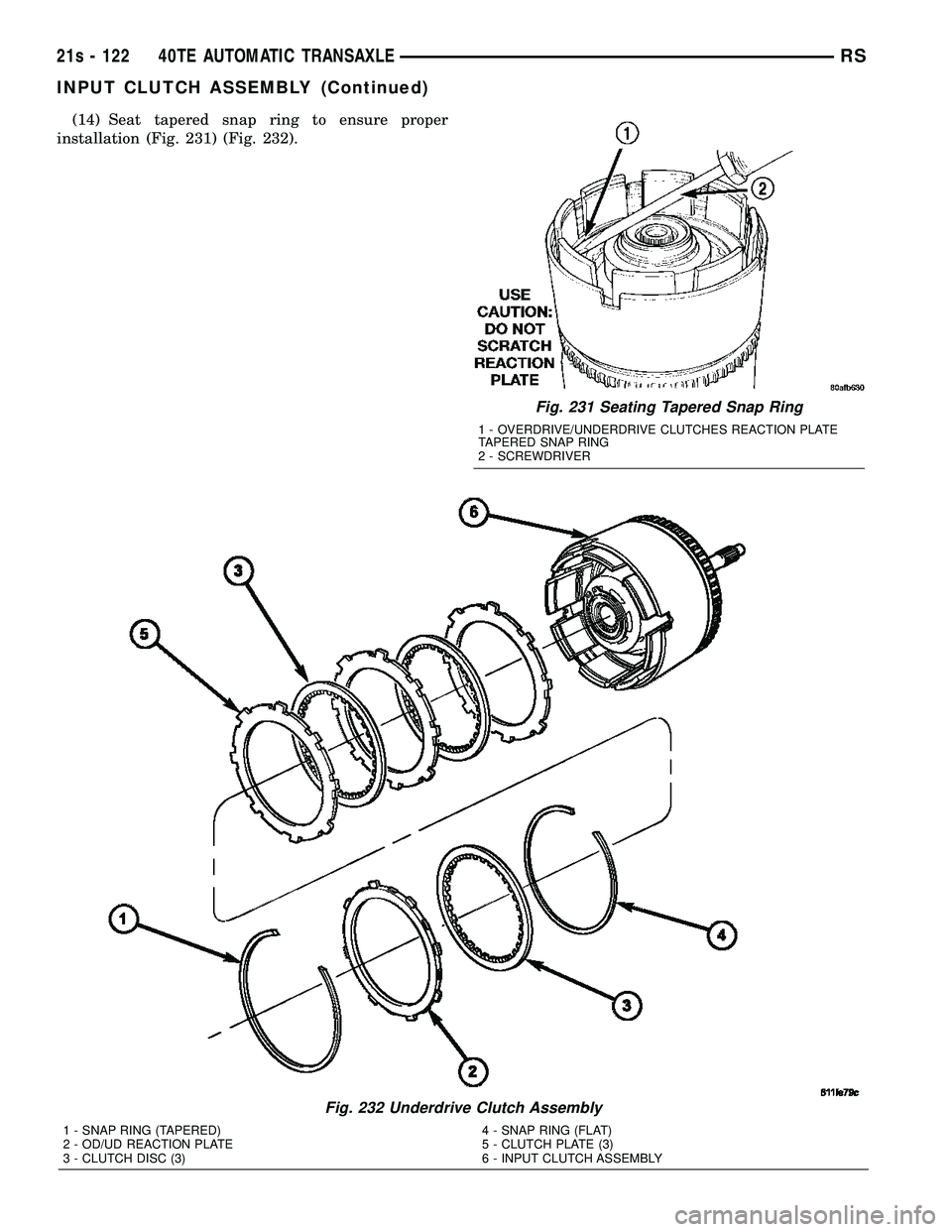 CHRYSLER VOYAGER 2004  Service Manual (14) Seat tapered snap ring to ensure proper
installation (Fig. 231) (Fig. 232).
Fig. 231 Seating Tapered Snap Ring
1 - OVERDRIVE/UNDERDRIVE CLUTCHES REACTION PLATE
TAPERED SNAP RING
2 - SCREWDRIVER
F